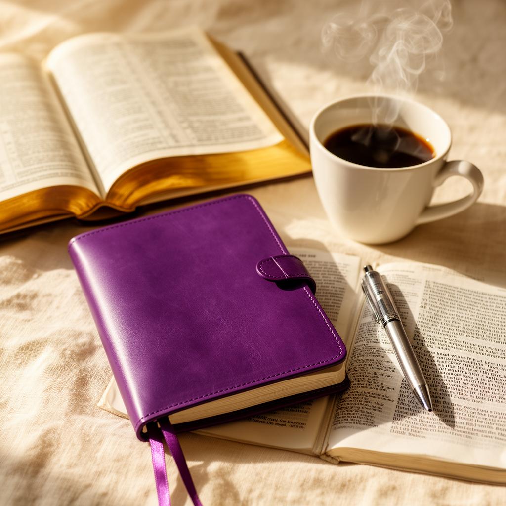 Purple prayer journal, open Bible, and coffee in morning light